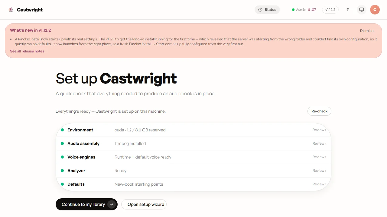 Castwright's first-run setup, reached through a Pinokio install — every check green: environment ready, ffmpeg installed, voice engines ready, analyzer ready, defaults set