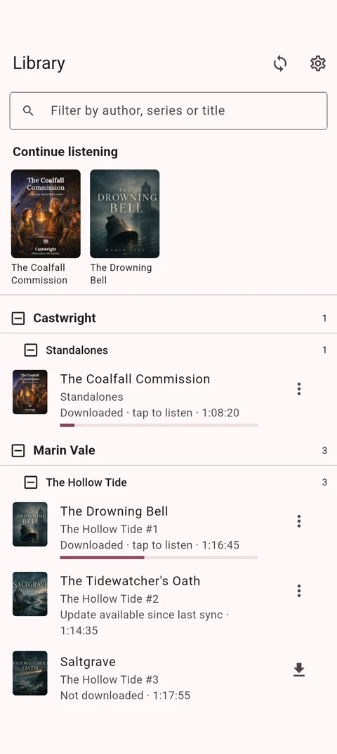 Castwright companion app on an Android phone — the synced library