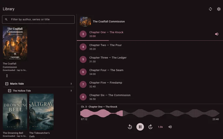 The Castwright companion app on a 10-inch tablet — the library list on the left beside a persistent player pane on the right, playing The Coalfall Commission