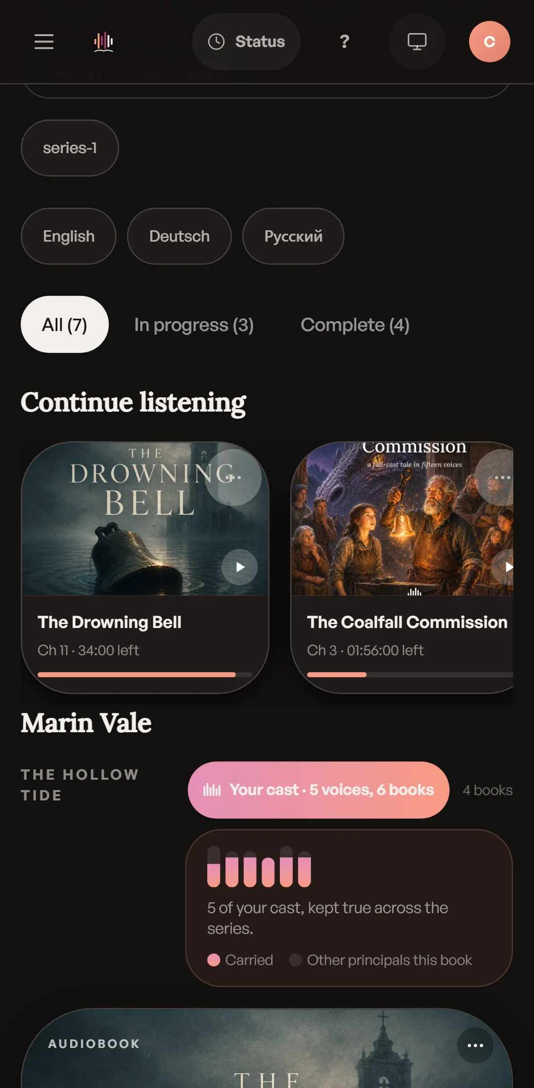 Castwright's library, picking up where you left off — the same progress on desktop, tablet, and phone on a phone