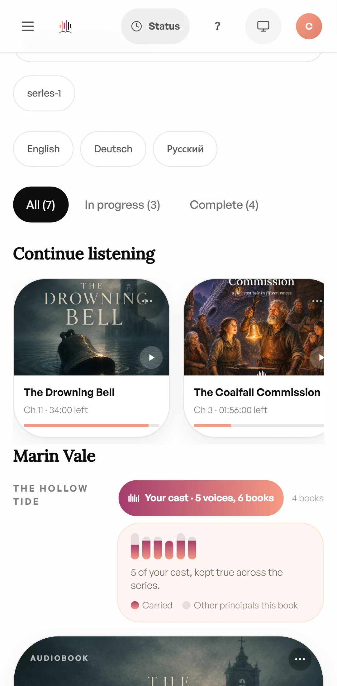 Castwright's library, picking up where you left off — the same progress on desktop, tablet, and phone on a phone