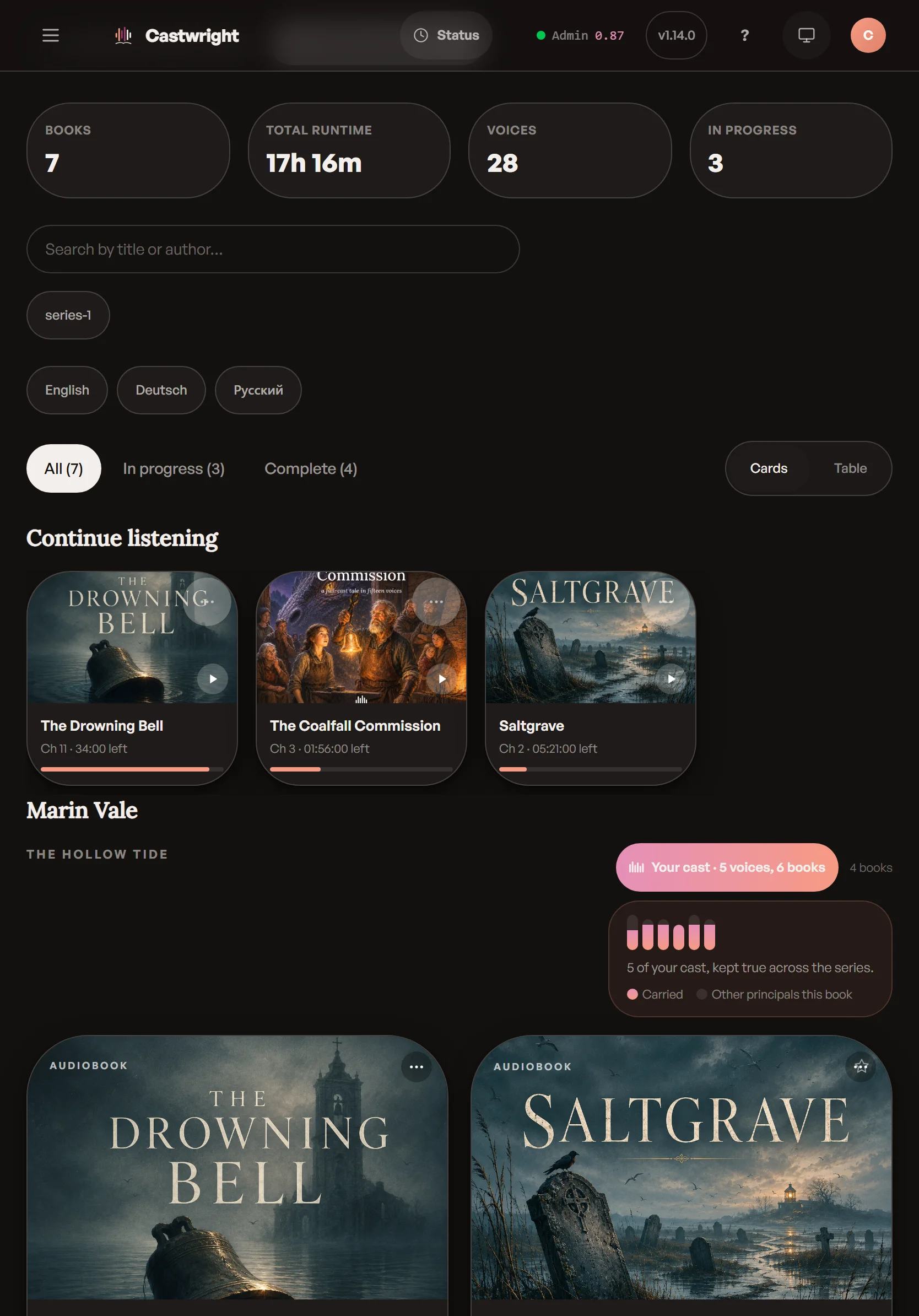 Castwright's library, picking up where you left off — the same progress on desktop, tablet, and phone on a tablet