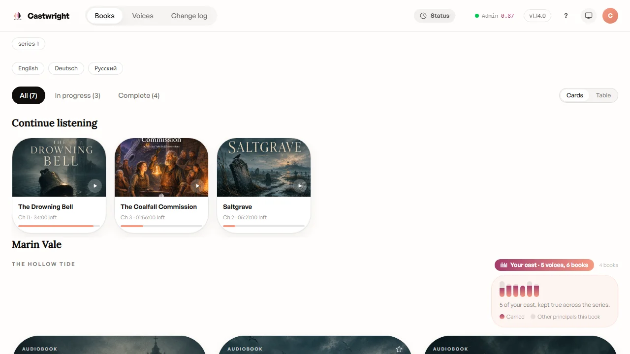 Castwright's library, picking up where you left off — the same progress on desktop, tablet, and phone