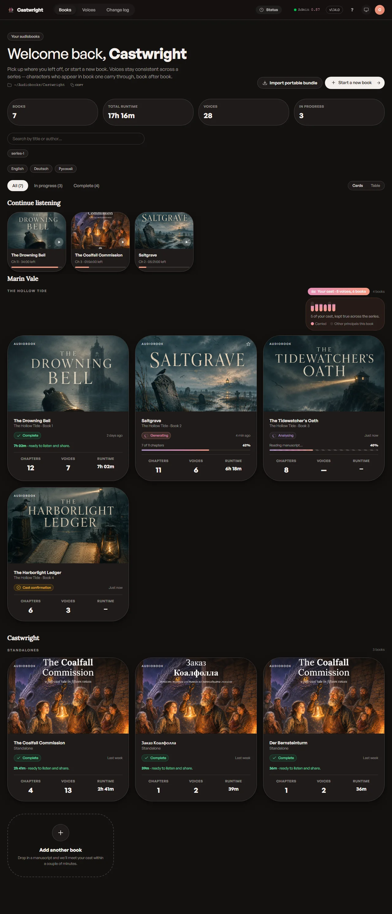 A full Castwright library — Continue listening, multiple series with per-book chapter and runtime stats, and an Add another book card
