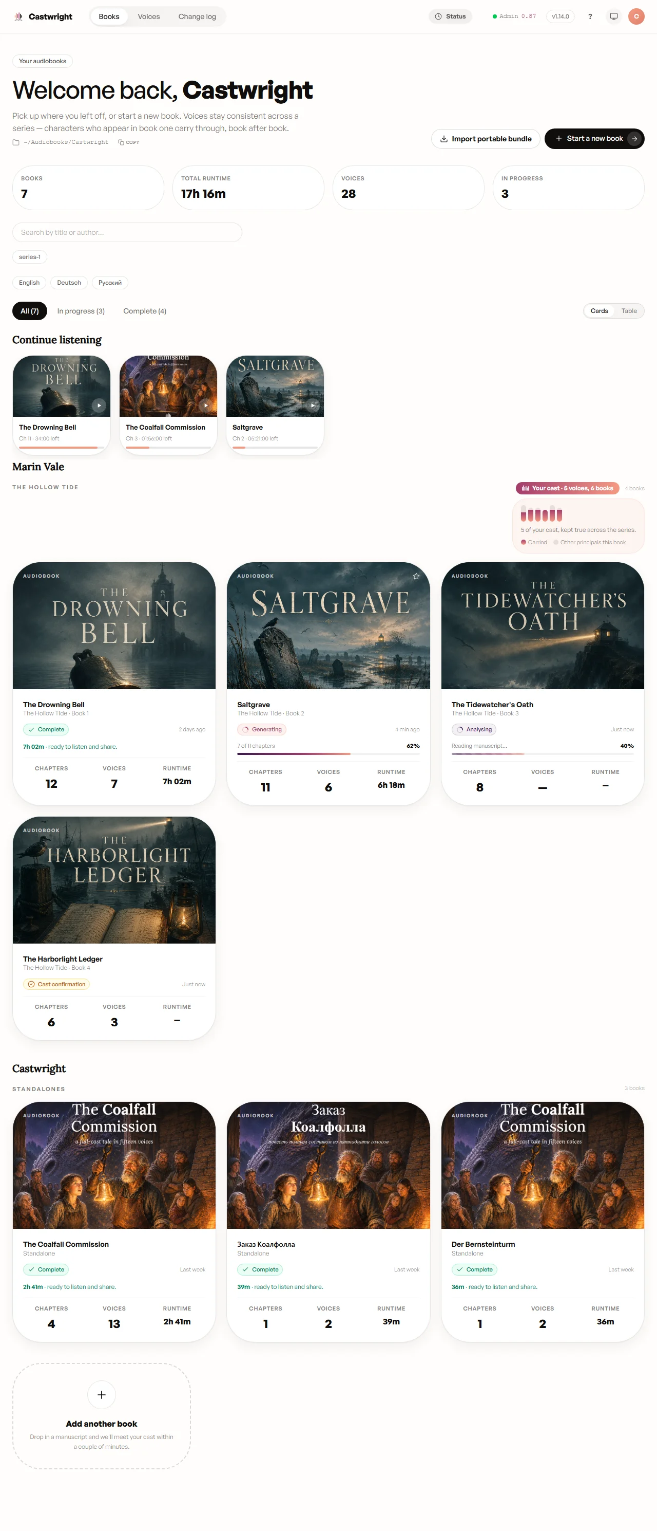 A full Castwright library — Continue listening, multiple series with per-book chapter and runtime stats, and an Add another book card