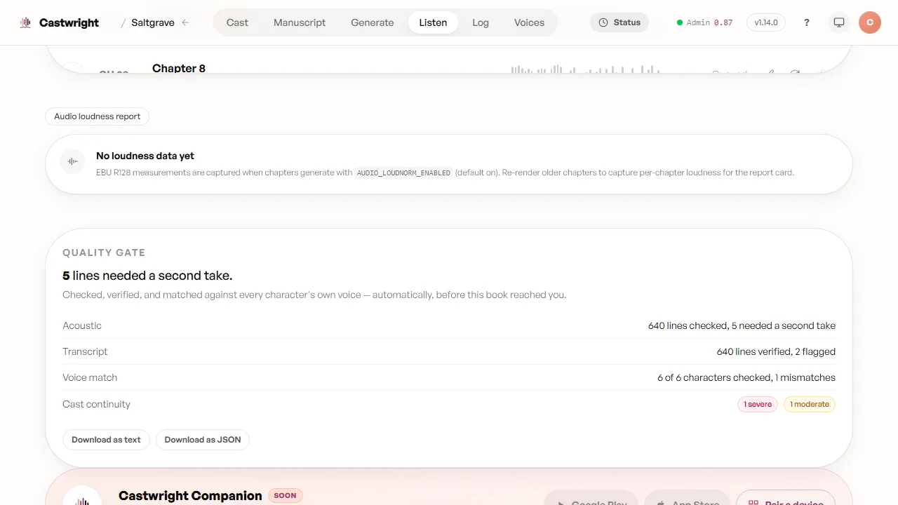 A per-book quality-gate report card — 640 lines checked for a clean recording, 640 verified against the transcript, 6 of 6 characters checked against their own voice, and cast-continuity flags, with Download as text and Download as JSON controls