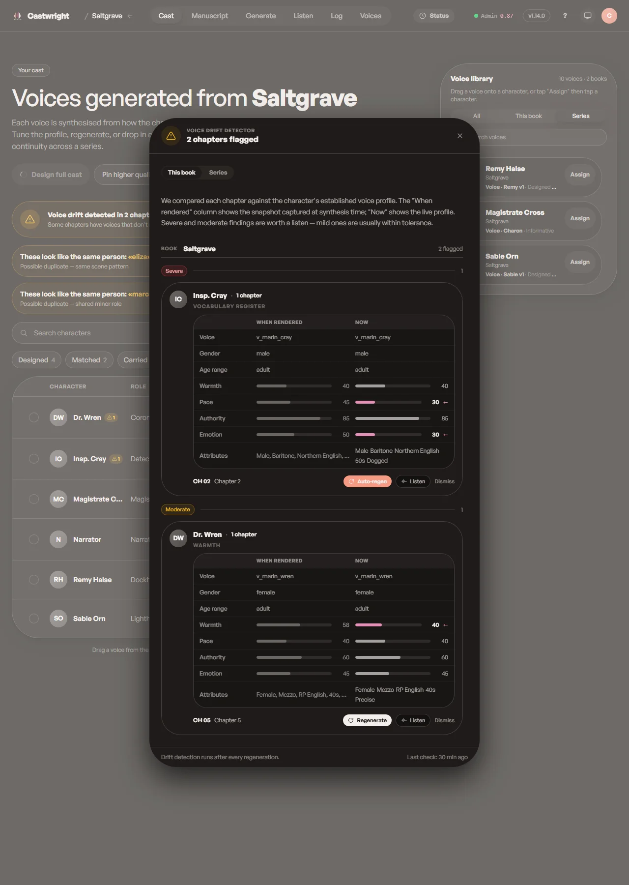 The voice-drift detector comparing a character’s rendered voice profile against its live profile, with two chapters flagged